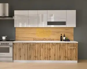 Ted Magasfényű Fehér - Tölgy Konyhabútor 260 cm hátfalpanellel