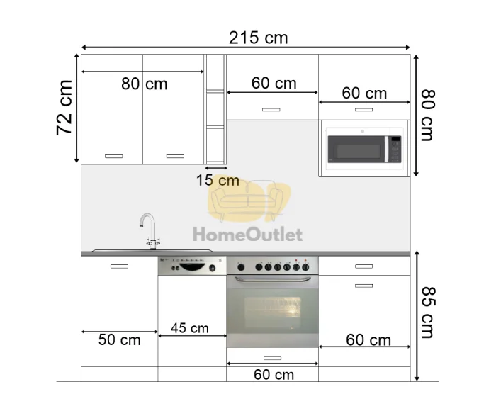 Only fehér - sonoma konyhabútor 215 cm hátfalpanellel