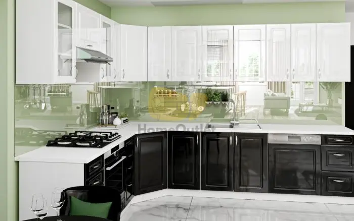 Otthon Elite Mdf Magasfényű fehér-fekete sarok konyhabútor 230 cm x 310 cm