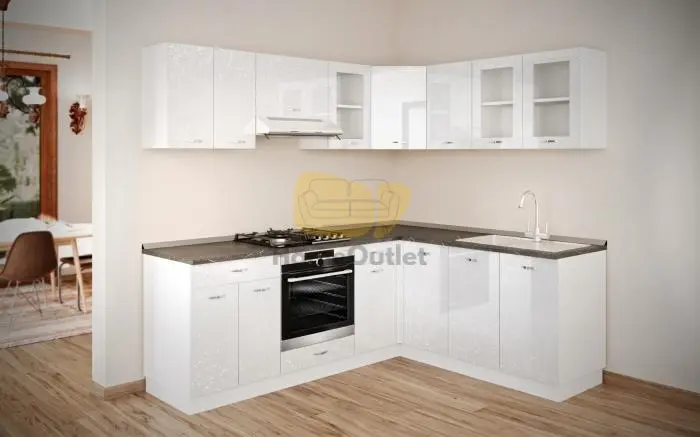 Csillám fehér magasfényű sarok konyhabútor 220 cm x 180 cm