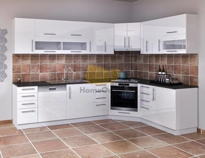 Flamenco FL1 Magasfényű fehér sarok konyhabútor 305 x 205 cm