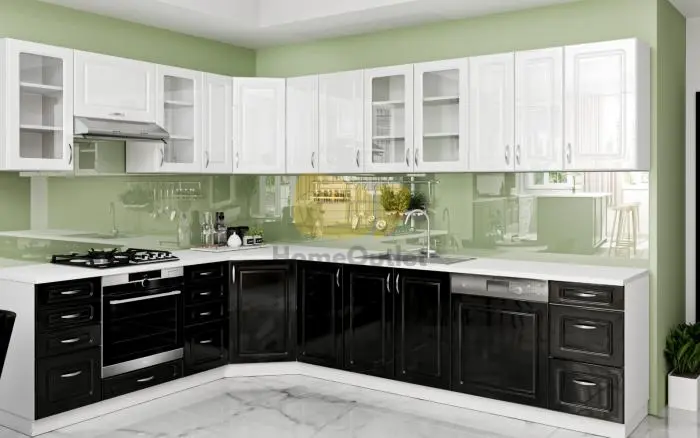 Otthon Elite Mdf Magasfényű fehér-fekete sarok konyhabútor 230 cm x 310 cm