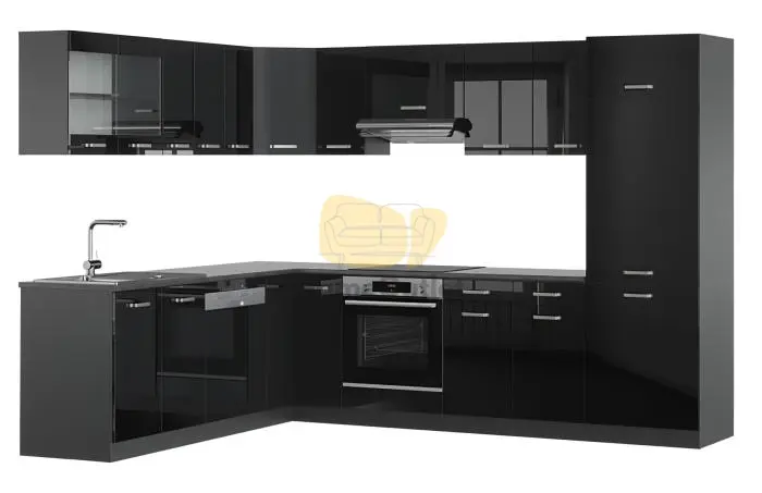 Royal Lux Magasfényű Fekete Sarok Konyhabútor 225 cm x 285 cm 